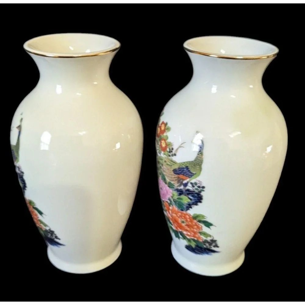 Vintage Arnart Japan Peacock Floral‎ Porcelain Bud Vases Gold Trim Set of 2